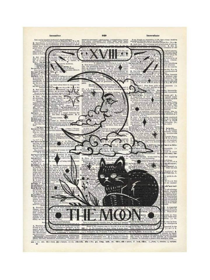 Cat moon, Magic, celestial, Vintage Dictionary Print for wholesale by Crazilyhumbledesigns