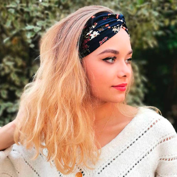 AURORE Stirnband aus Marineblauer Viskose mit Blumen für den Großhandel von Laure Derrey