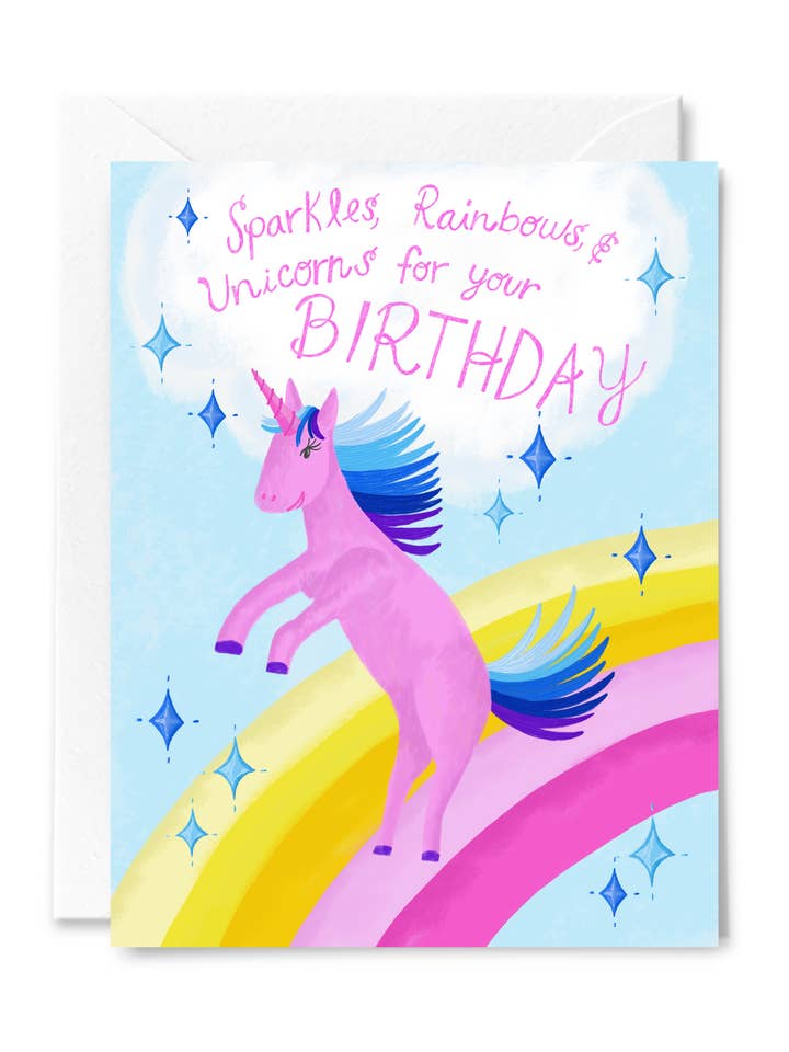 Carte de vœux d'anniversaire avec licorne rose pour la vente par Courtney Beyer Design