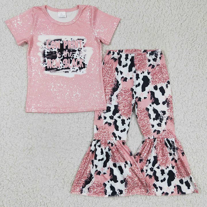 Aier Wholesale - Wholesale Top & Pant Set - Kids - Baby girls Cow Print Pink Western bell pants clothes sets