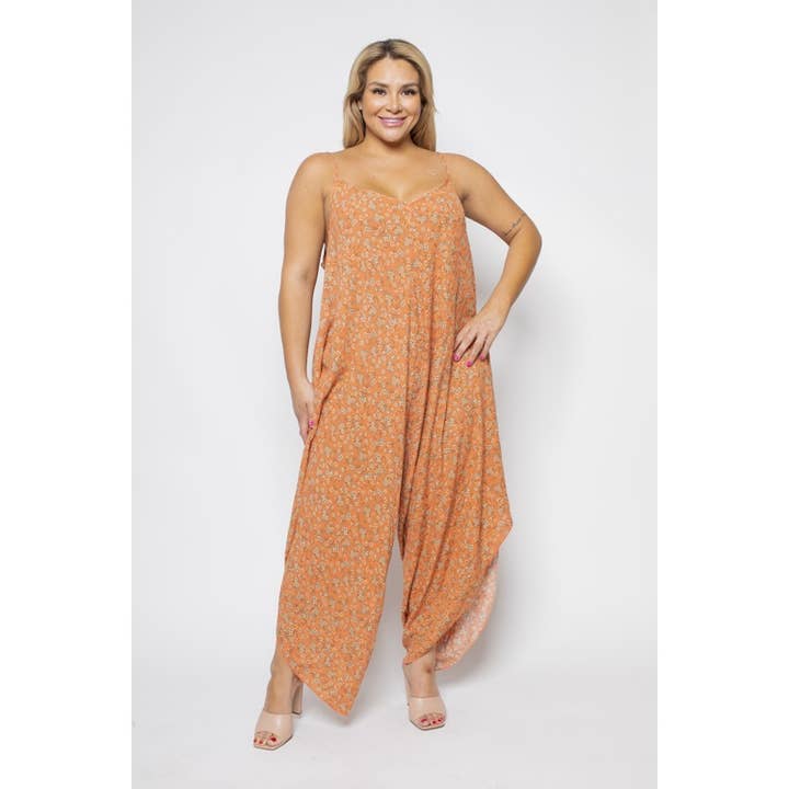 Curve Market - Wholesale Jumpsuit - Women's - PLUS SIZE DITSY FLORAL PRINT LOOSE FIT JUMPSUIT