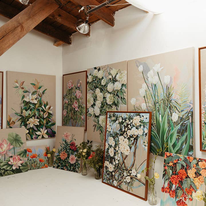 Meredith Raiford Art - Wholesale Art Print - Foxgloves on Linen- Vertical Canvas Print4