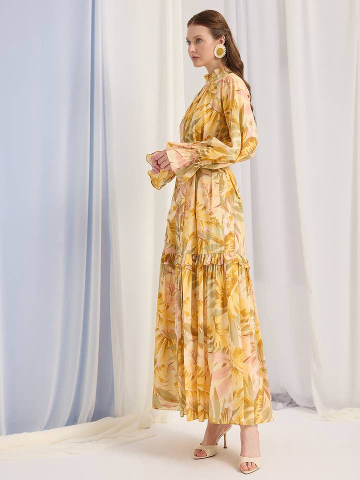 Vestido Comprido Amarelo com Flores e Cinto por atacado de Store WF