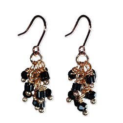 Multi-beaded Black Drop Earrings, Gold Coloured for wholesale by Byzantium Collection Ltd