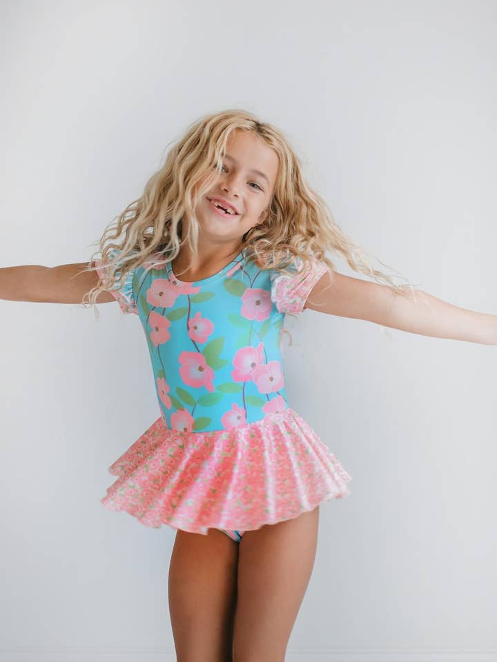 Oopsie Daisy - Wholesale Leotard - Kids - Kids Pink & Blue Blossom Floral Dance Tumble Skirted Leotard