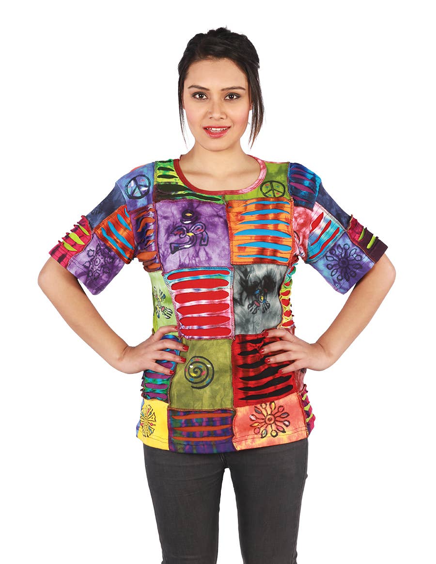 The Collection Royal / Royal Handicrafts - Wholesale Blouse - Women's - Pathwork and Rip Cotton Half Sleeve Hippie Chic Boho Top0