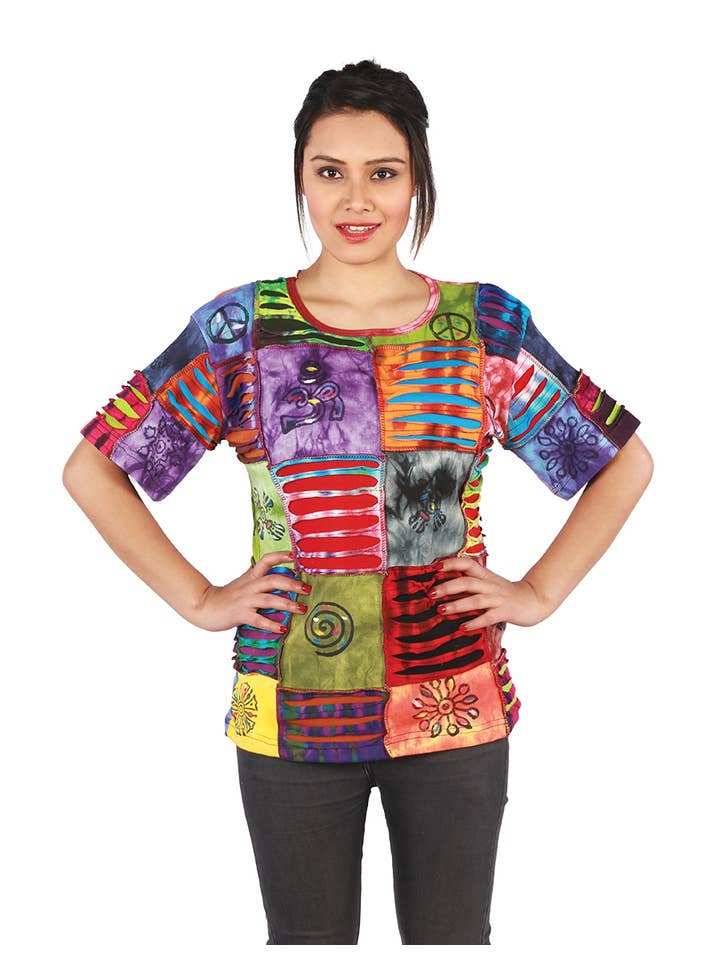 The Collection Royal / Royal Handicrafts - Wholesale Blouse - Women's - Pathwork and Rip Cotton Half Sleeve Hippie Chic Boho Top