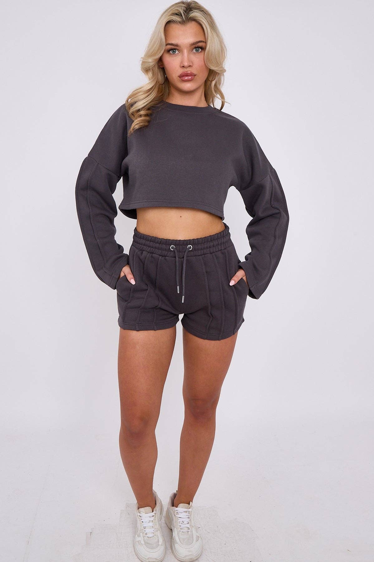 AX Labels - Wholesale Lounge Set - Women's - Seam Detail Oversized Crop Top & Shorts Fleece Co-ord13