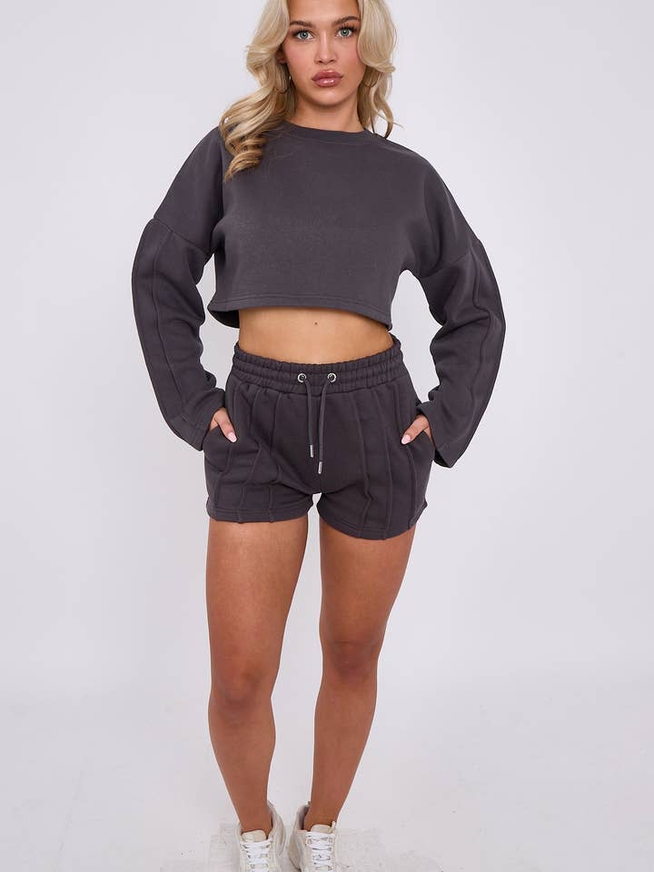 AX Labels - Wholesale Lounge Set - Women's - Seam Detail Oversized Crop Top & Shorts Fleece Co-ord13