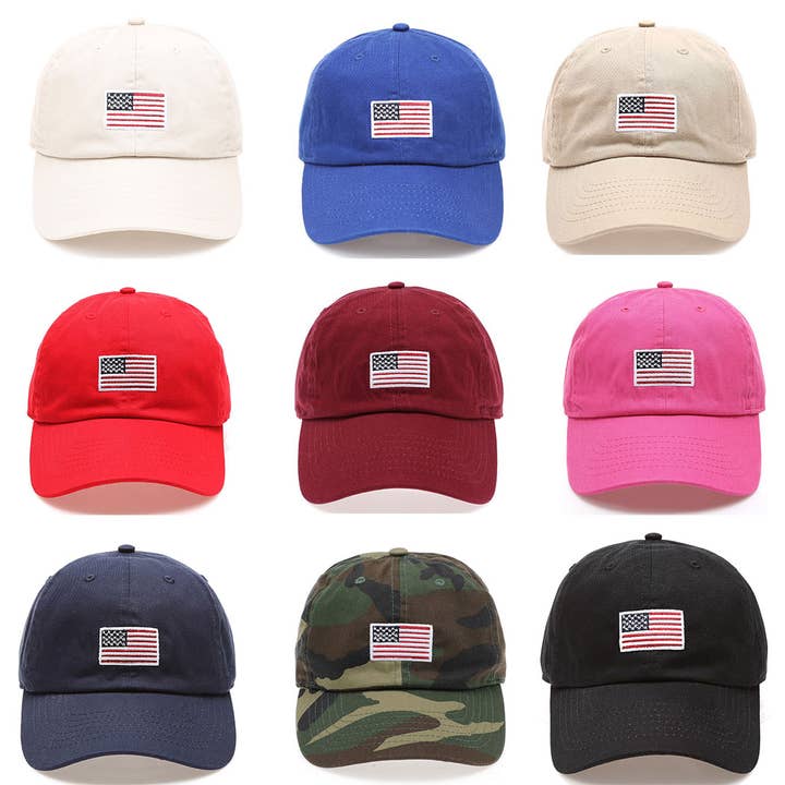 Fashion City - Wholesale Baseball Cap - Unisex - American Flag Patched Cotton Baseball Cap