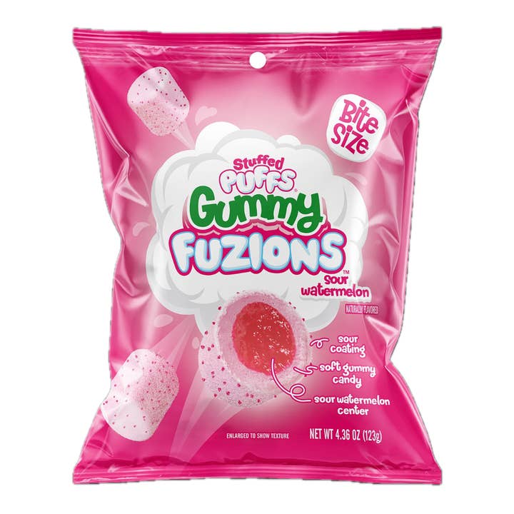 Stuffed Puffs Gummy Fuzions Sour Watermelon 4.36 oz 8 ct for wholesale by Long Island Candy Factory