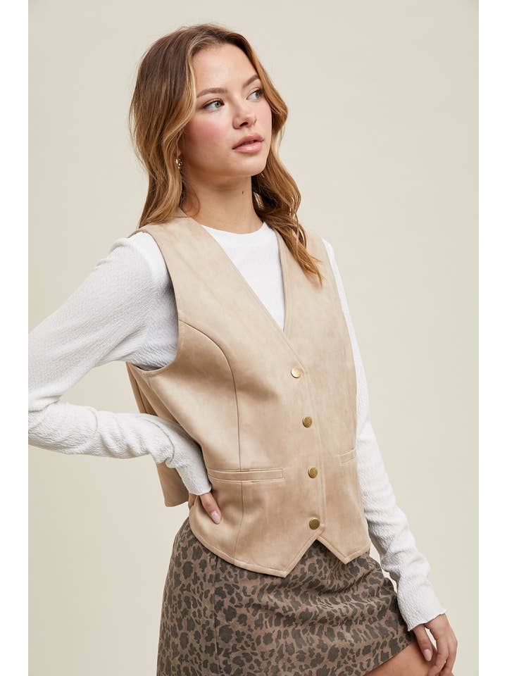 Wishlist Apparel - Wholesale Outerwear Vest - Women's - SUEDE BUTTON-UP VEST / WL25-109906