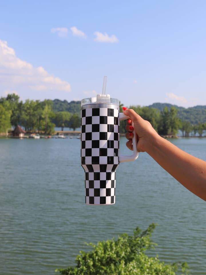 Checkerboard White and Black Tumbler with Handle for wholesale by The Front Porch Label