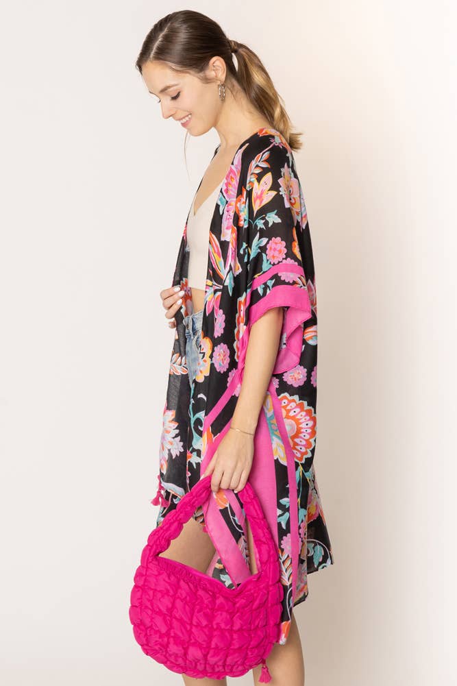 Hana - Wholesale Kimono - Women's - Floral Print Stripe Edge Tassel Summer Kimono1