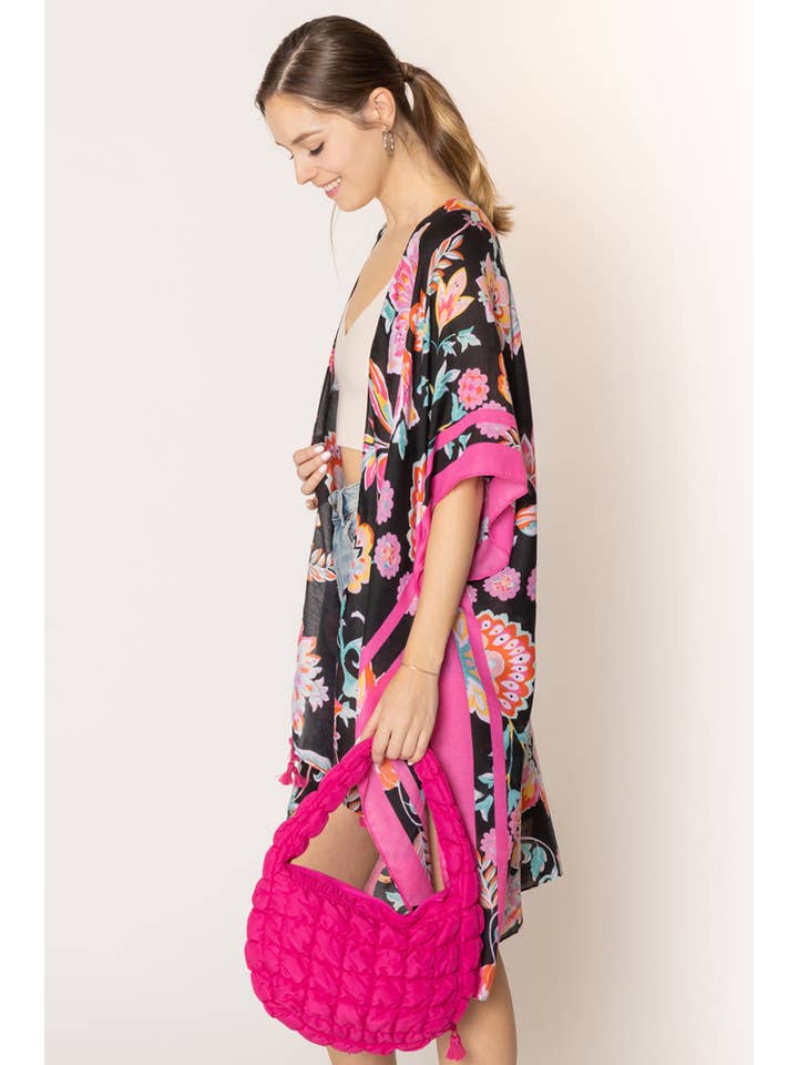 Hana - Vente Kimono – femme - Kimono d'été à pompons à rayures et imprimé floral1