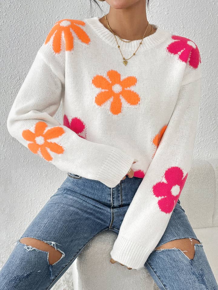 Rosa Clothing - Wholesale Knit Sweater - Women's - Contrast Intarsia Floral Jacquard Knit Jumper 9 Colors