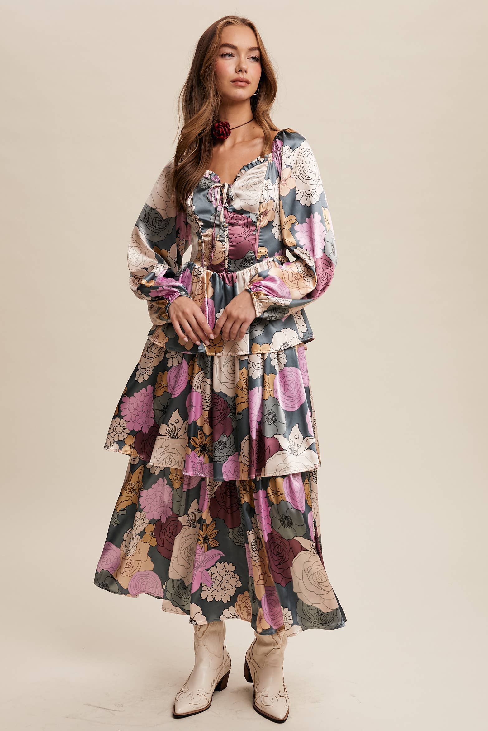 Listicle - Wholesale Dress - Women's - Floral Lace-Up Tiered Maxi Dress LD14482