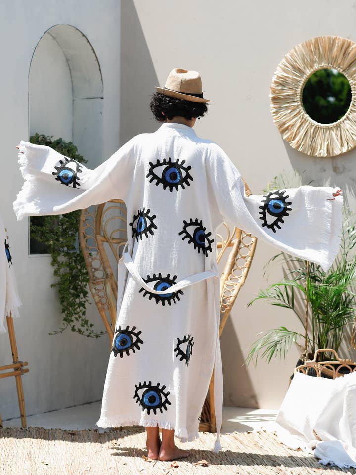 Blue Evil Eye Long Kaftan Kimono and other Purchase Wholesale me moi. Free Returns & Net 60 Terms on Faire trending on Faire.