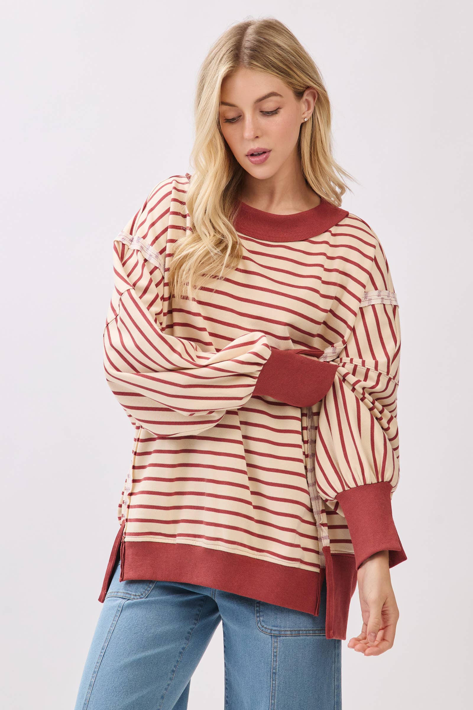 Sewn and Seen - Wholesale Sweatshirt - Women's - Striped Balloon Sleeve Terry Sweatshirt8