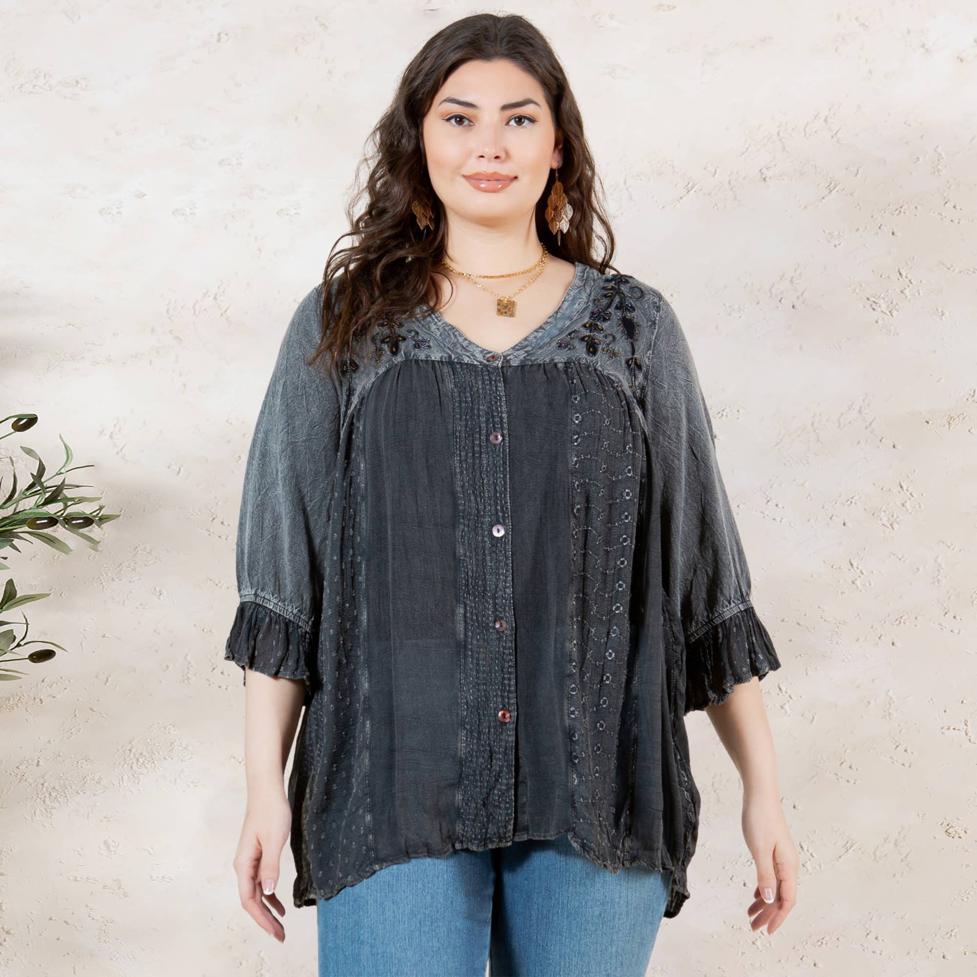 Young Threads - Venta al por mayor Blusa - Mujer - Blusa bohemia adornada estilo western (Color nuevo)1