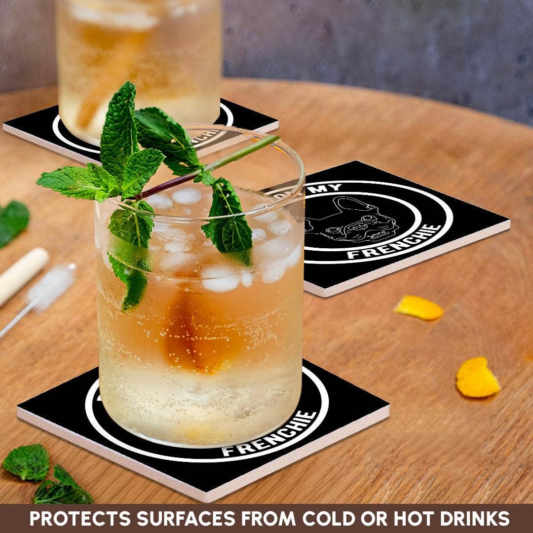 3dRose – Engroshandel Bordskånere – 3dRose, Undskyld min Frenchie i en cirkel med fransk bulldog på sort baggrund, Bordskåner2