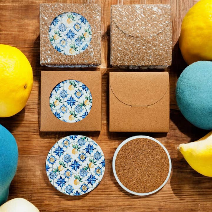 Gia Roma - Wholesale Coasters - Mediterranean Lemon Coasters | Coastal Blue & Yellow Accents