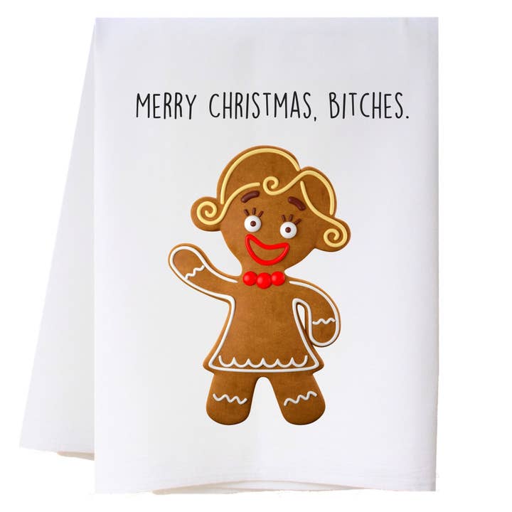 Merry Christmas Bitches Kitchen Towel for wholesale by Cora & Pate