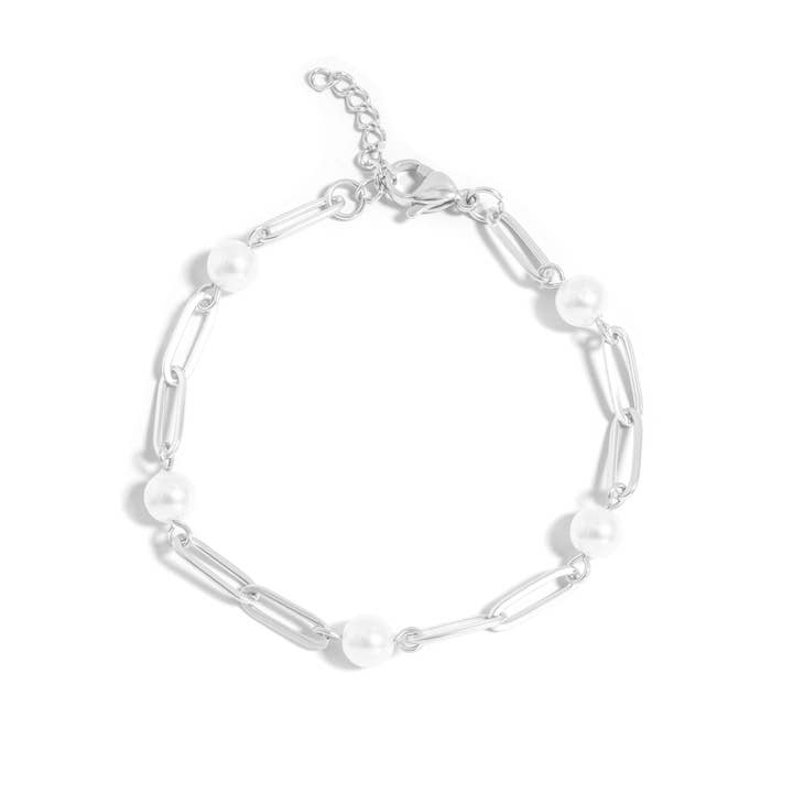 WJW - Wholesale Link & Chain Bracelet - 18K Gold PVD Steel Station Pearl Paperclip Chain Bracelet