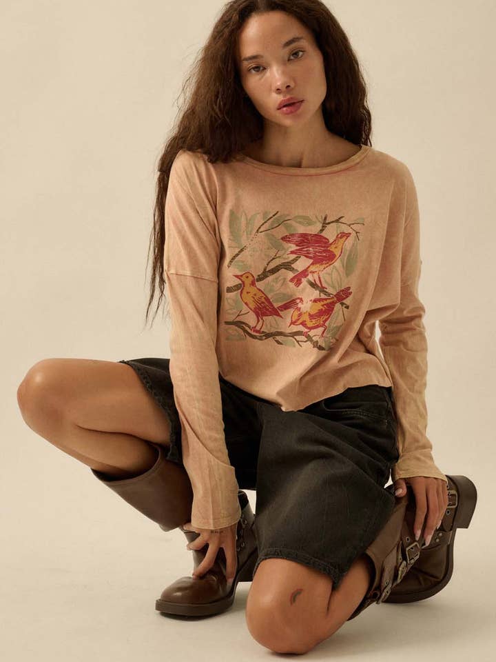 Birds Perched Cropped Vintage-Wash Graphic Tee for wholesale by Promesa USA
