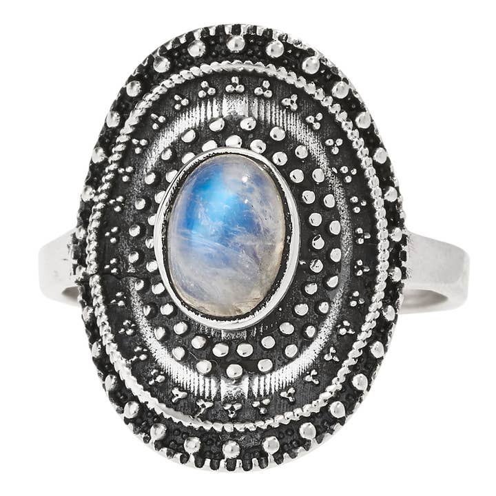 Ellipsis Sterling Silver Rainbow Moonstone Ring for wholesale by Tiger Mountain Jewelry