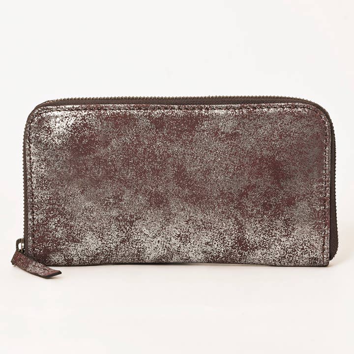 LS Western - Wholesale Wallet – Women's - ADBGZ776 Western Metallic Distressed Leather Wallet - Silver-Foiled Zip Clutch1