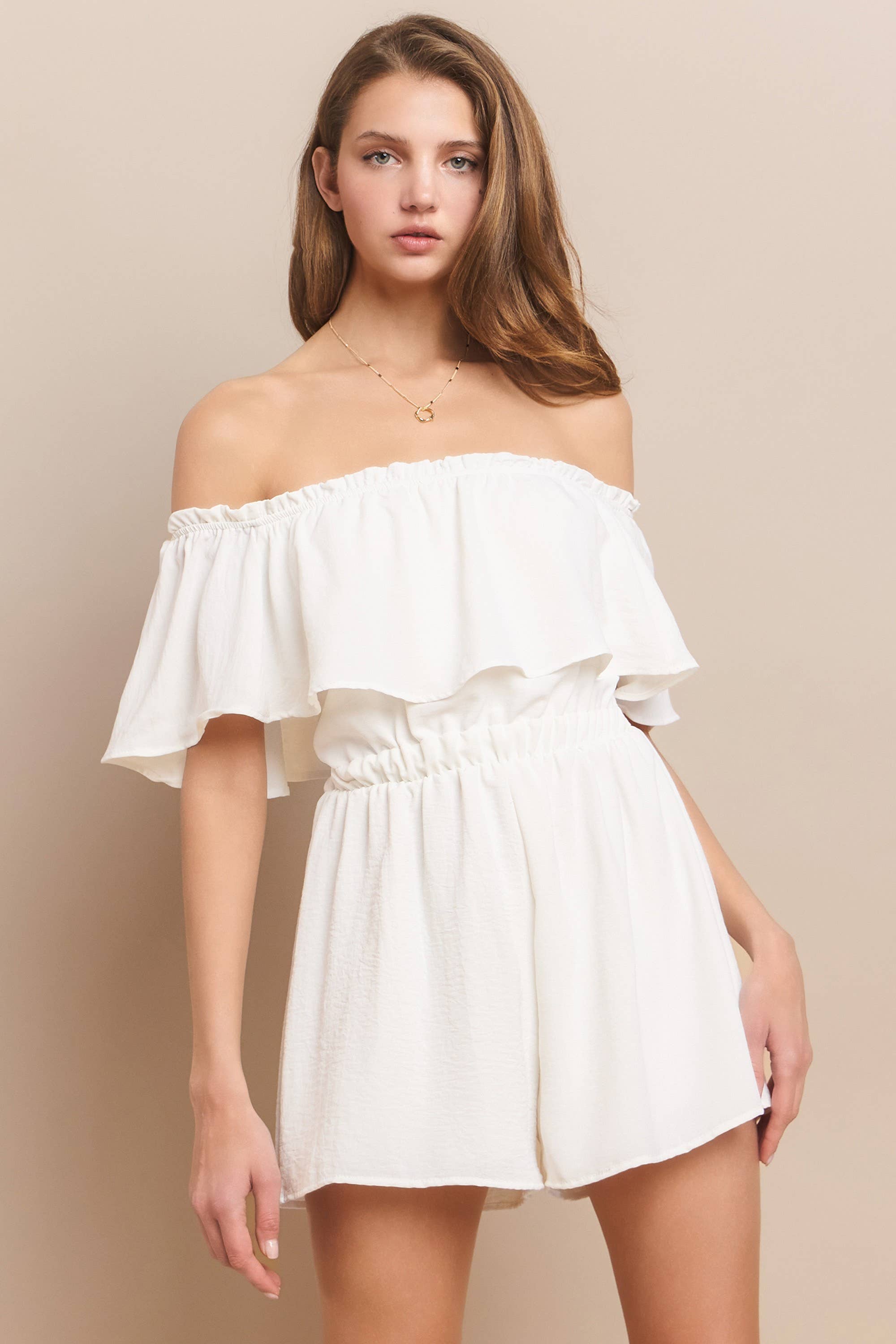 WISTERIA LANE – wholesale Romper – Women's – ON-OR-OFF SHOULDER SOLID CREPE ROMPER - 4350 WHITE2