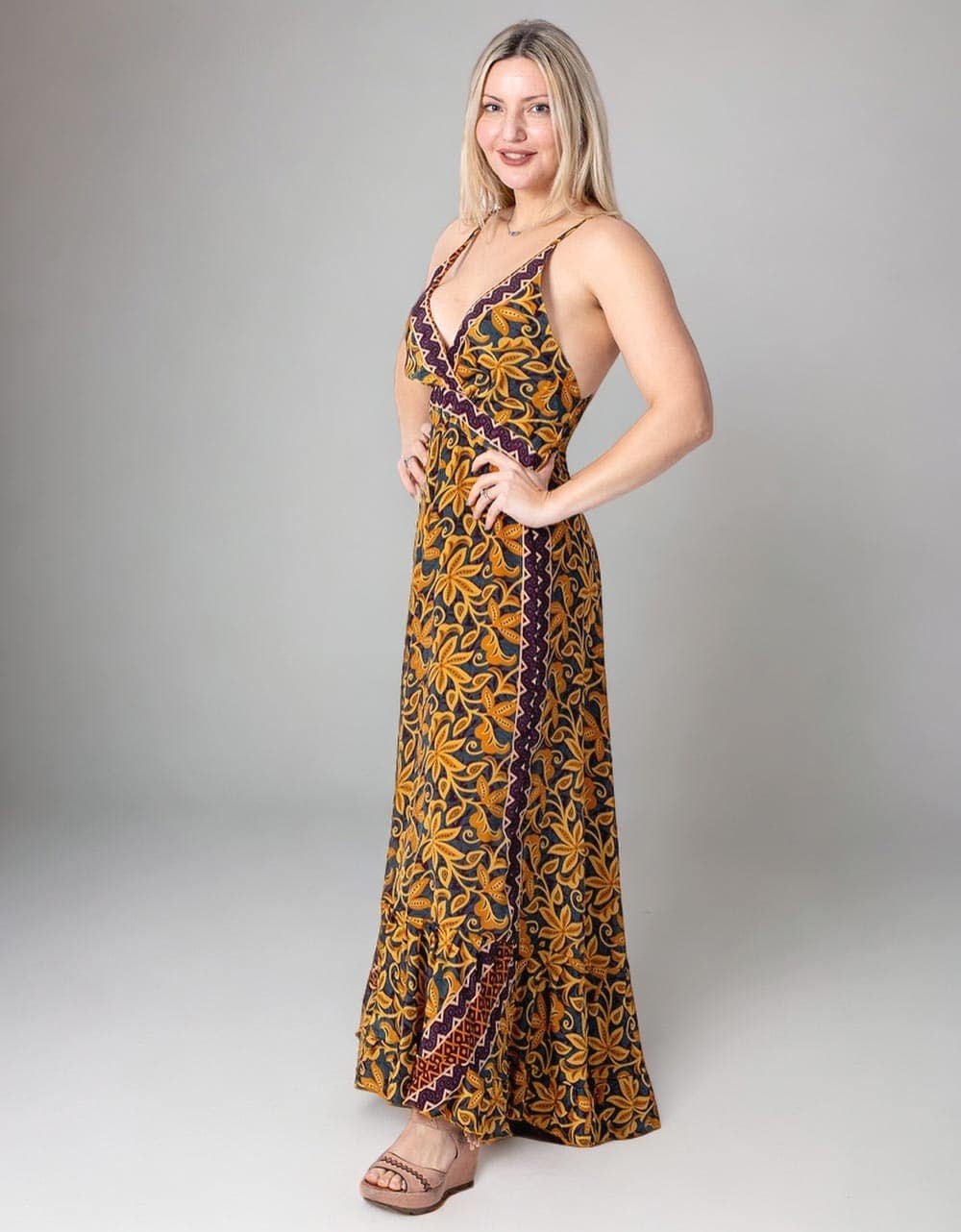 yellow KM2028A - V-neck Long Dress for wholesale on Faire1