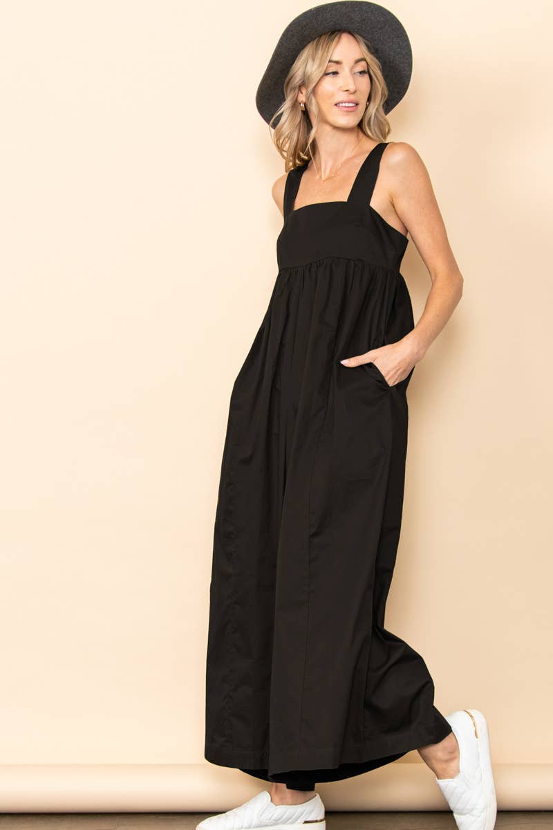 Black Back Tie One Piece Poplin Wide Leg Jumpsuit with Pockets for wholesale on Faire4