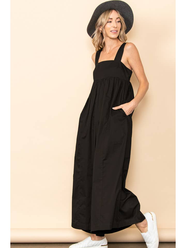 Black Back Tie One Piece Poplin Wide Leg Jumpsuit with Pockets for wholesale on Faire4