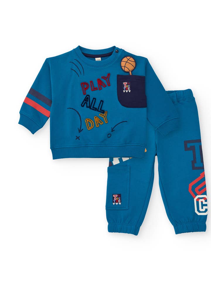 Set für Jungen in Blau mit besticktem Sweatshirt und Hose für den Großhandel von tuc tuc