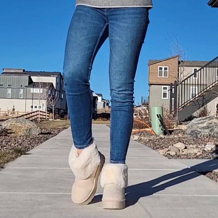 Women's Platform Booties Faux Suede Fur Lining Pull On Cuff Boots Beige Suede for wholesale on Faire6