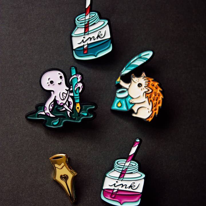Boygirlparty - Wholesale Lapel Pin/Button - Hedgehog Quill Pen and Ink Enamel Pin — Calligrapher Gift4
