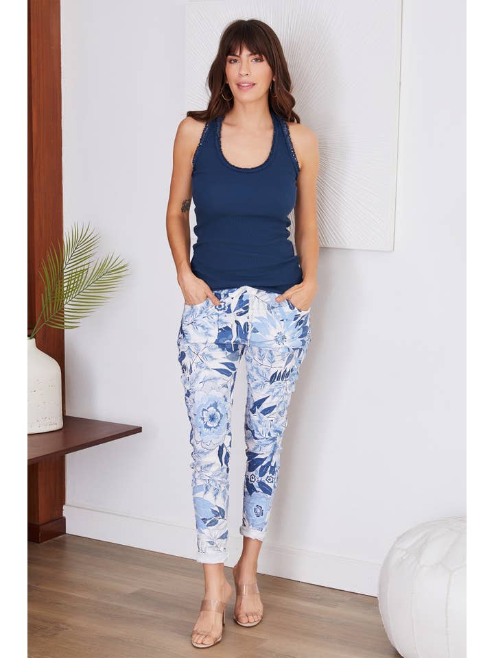 BLUE TROPICAL PRINT CRINKLE JOGGERS (6175-BLUETROPICAL) for wholesale on Faire