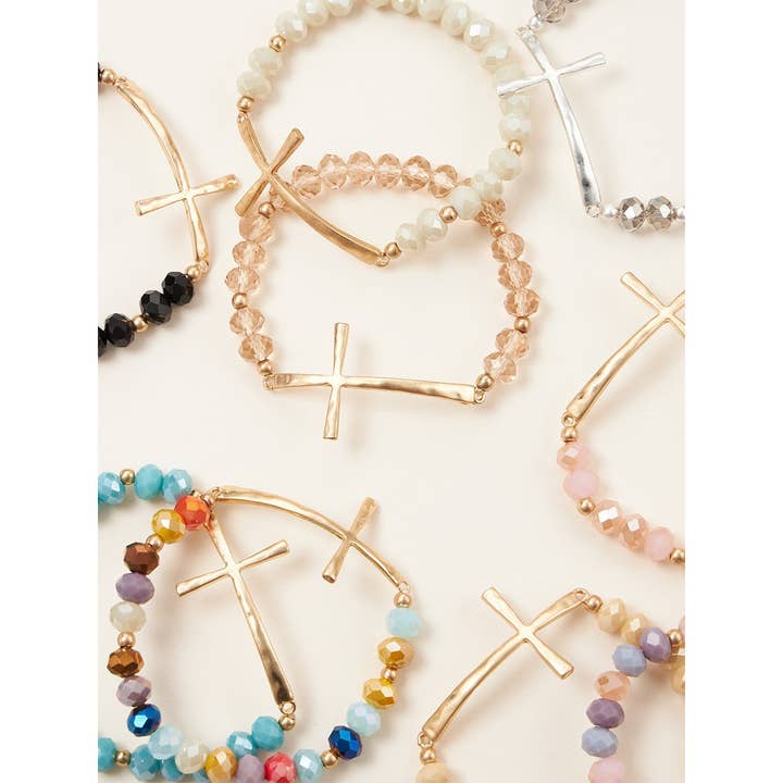 Love and Repeat - Wholesale Beaded Bracelet - Hammered Cross Crystal Mix Beads Bracelet
