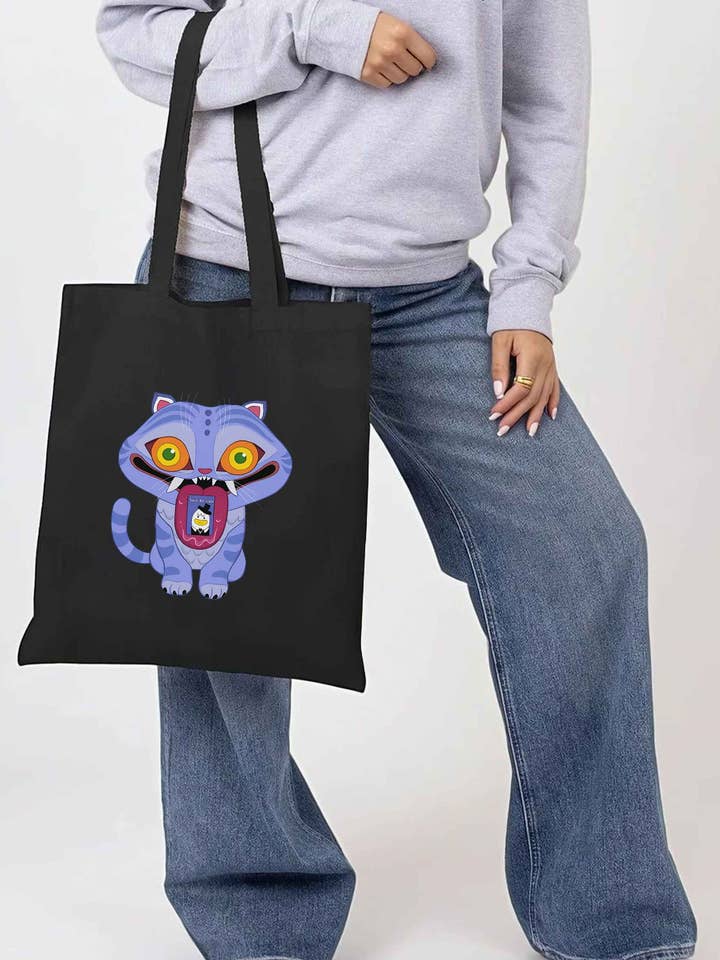 K-Pop Derpy Demon Cat Graphic Printed Cotton Tote Bag for wholesale by Missi Clothing