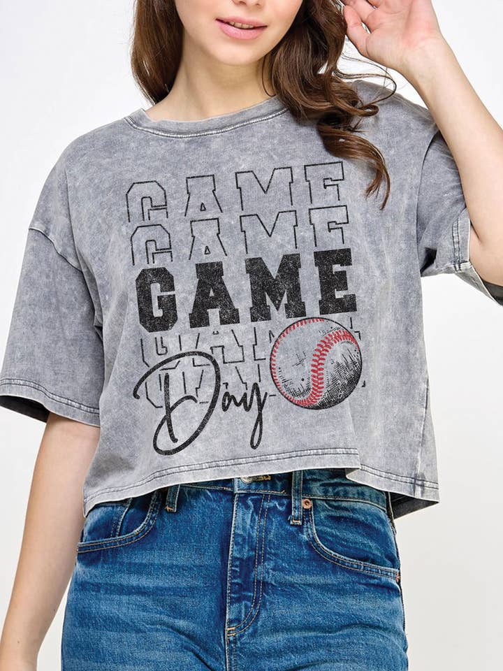 Rustee Clothing - Wholesale Screen Printed T-Shirt - Women's - BASEBALL GAME DAY MINERAL GRAPHIC LONG CROP TOP