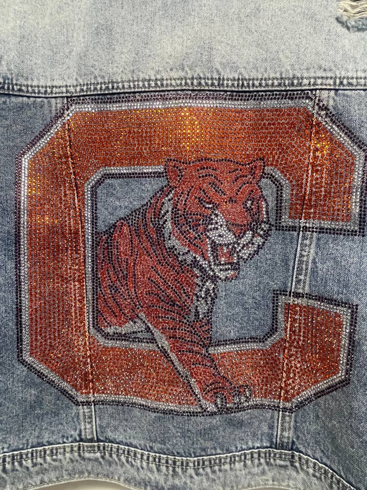 Moving Forward Designs - Wholesale Denim Jacket - Women's - Game Day Jacket, Blue Denim, Clemson Big C and Tiger2