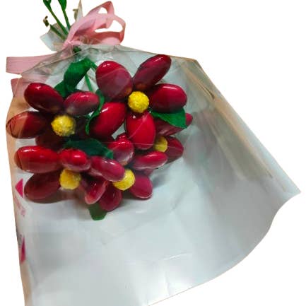 Mini bouquet 5 red daisies chocolate dragees for wholesale by Fleurs-Thés en chocolat