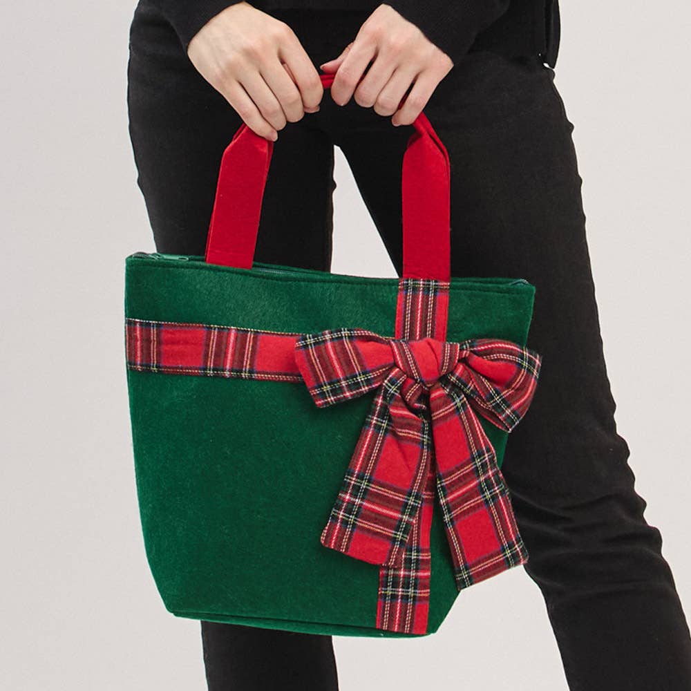 JOIA ACCESSORIES - Wholesale Tote Bag - Women's - CHRISTMAS GREEN TOTE BAG WITH RED PLAID BOW, MB 03217