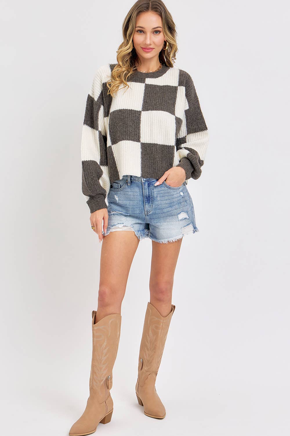 Sweet Lovely by Jen - Wholesale Knit Sweater - Women's - CASUAL SOFT COZY  RELAXED FIT CHECKER KNIT SWEATER8