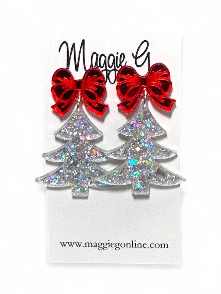 Christmas Tree Red Bow earrings | Christmas | Handmade for wholesale by Maggie G