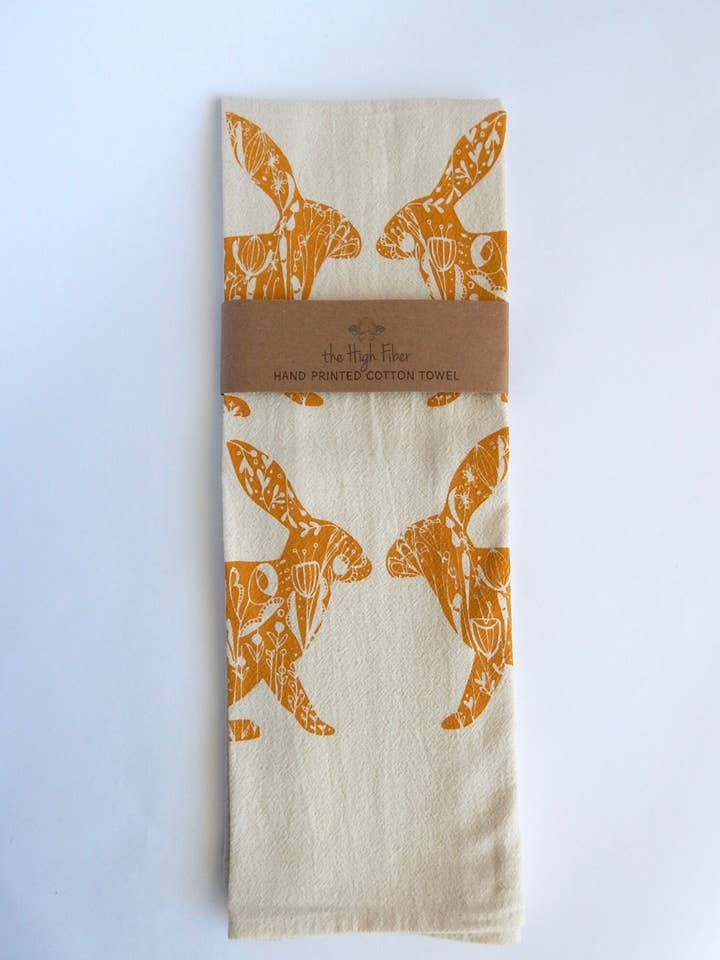 Floral Gold Rabbit Kitchen Towel, Rabbit Tea Towel for wholesale by The High Fiber