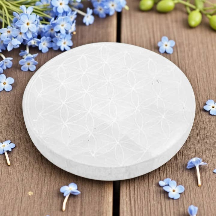 Earths Elements Wholesale - Vente Plaques de charge pour cristal - Sélénite - Dessous de Verre Fleur de Vie