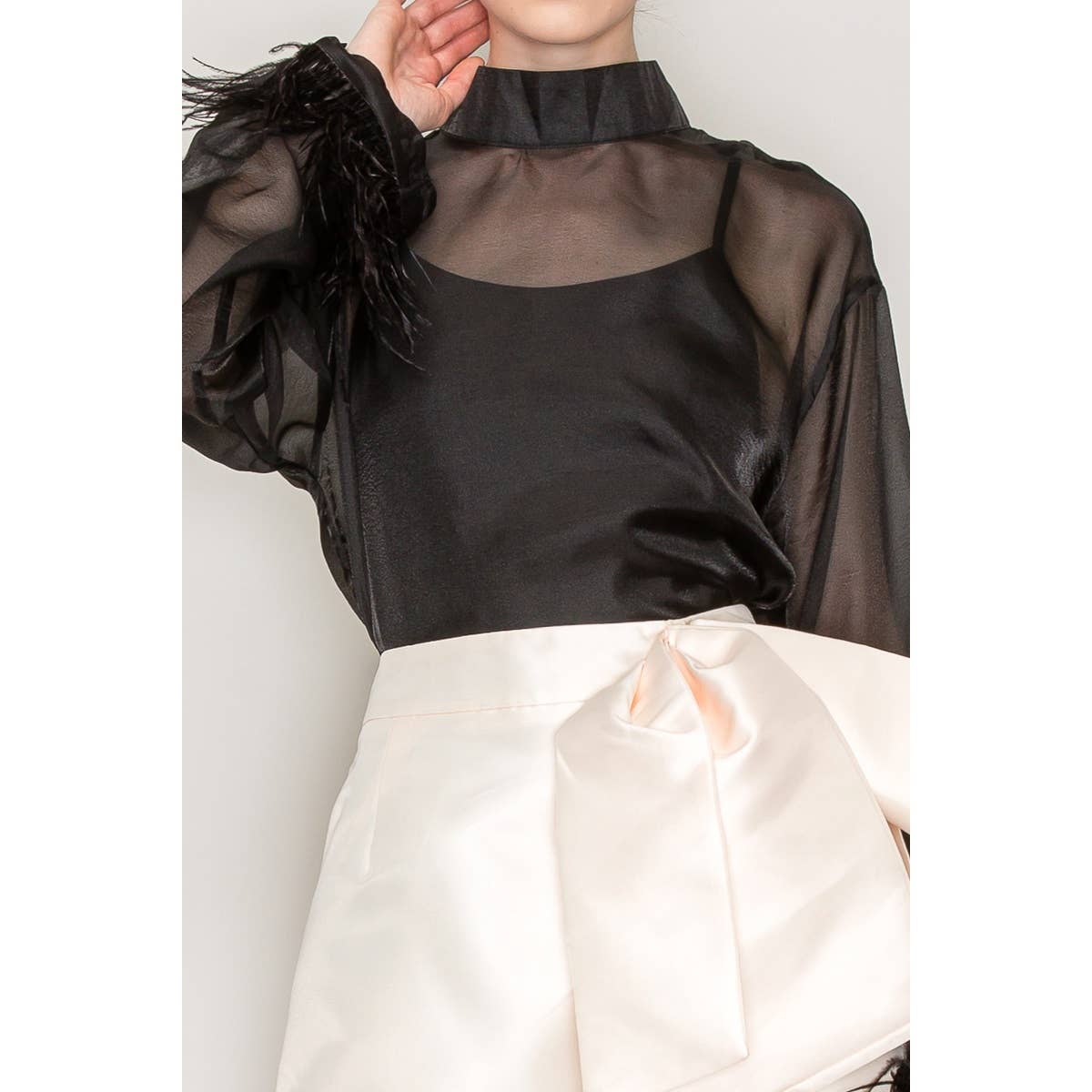 INA - Vente Chemisier – femme - Blouse transparente à manches longues avec col montant et bordure en plumes11